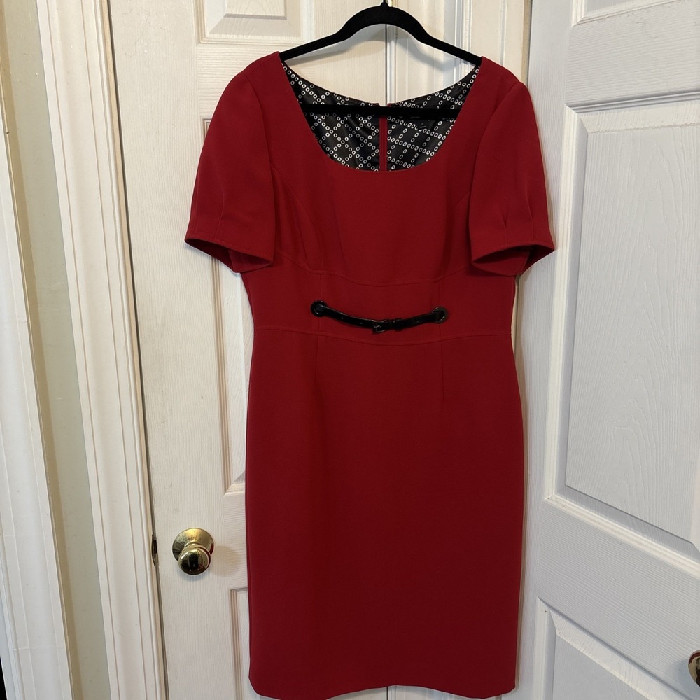 Tahari Red Sheath Midi Dress Women 12 Short Sleeve Belted Pleated Back ASL